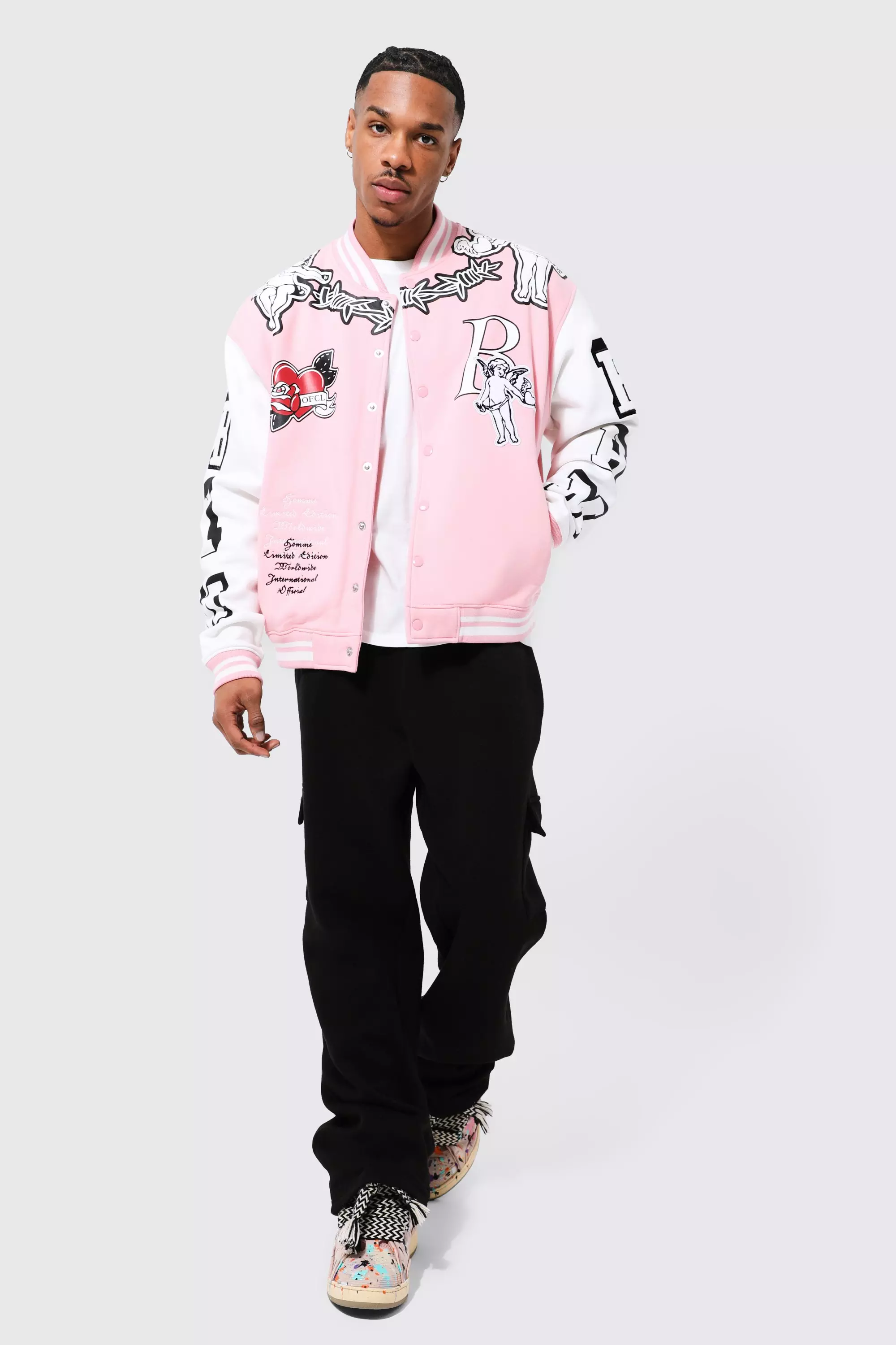 Pastel pink varsity jacket store